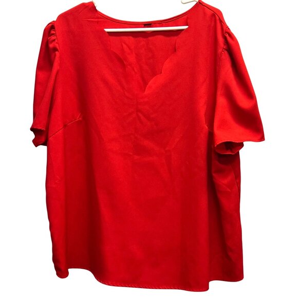 Red Scalloped V Neck Short Sleeve Blouse Womens Plus Size - Picture 1 of 2